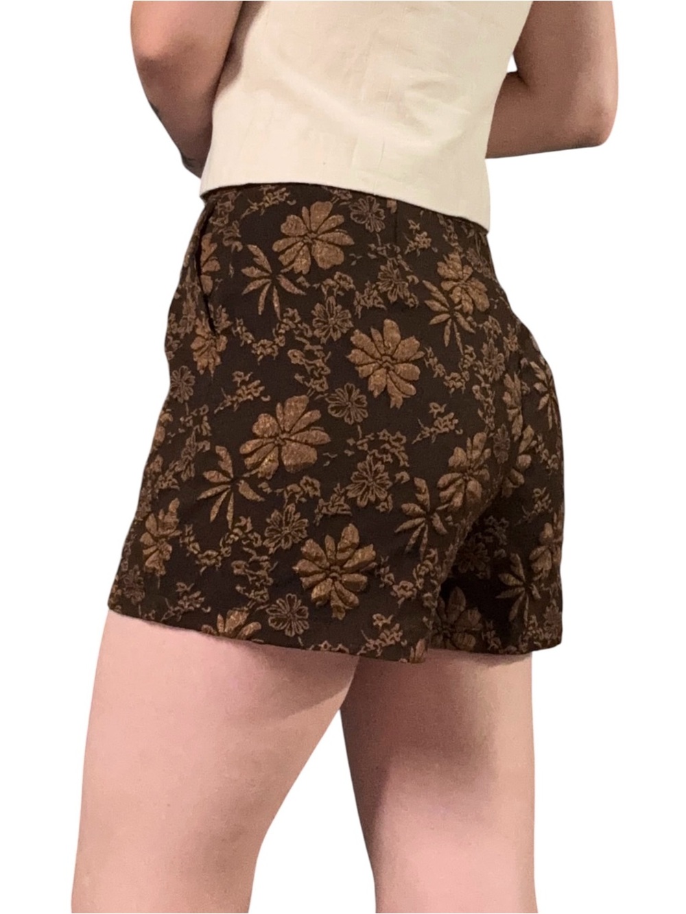 Brown Retro High Waisted Floral Embroidered Shorts